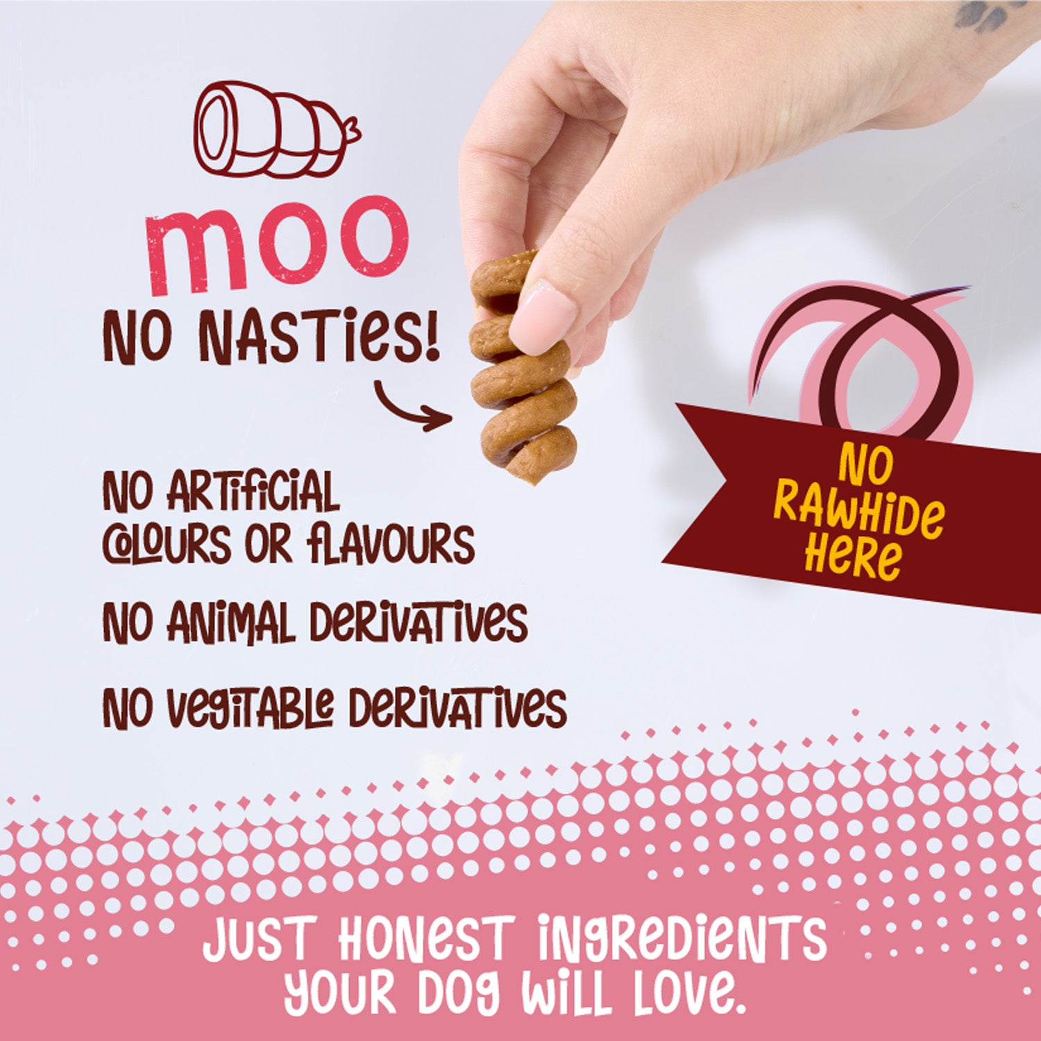 POW Beefy Tails Dog treat with text about no artificial colours or flavours and no derivatives, held by a hand against a light background.