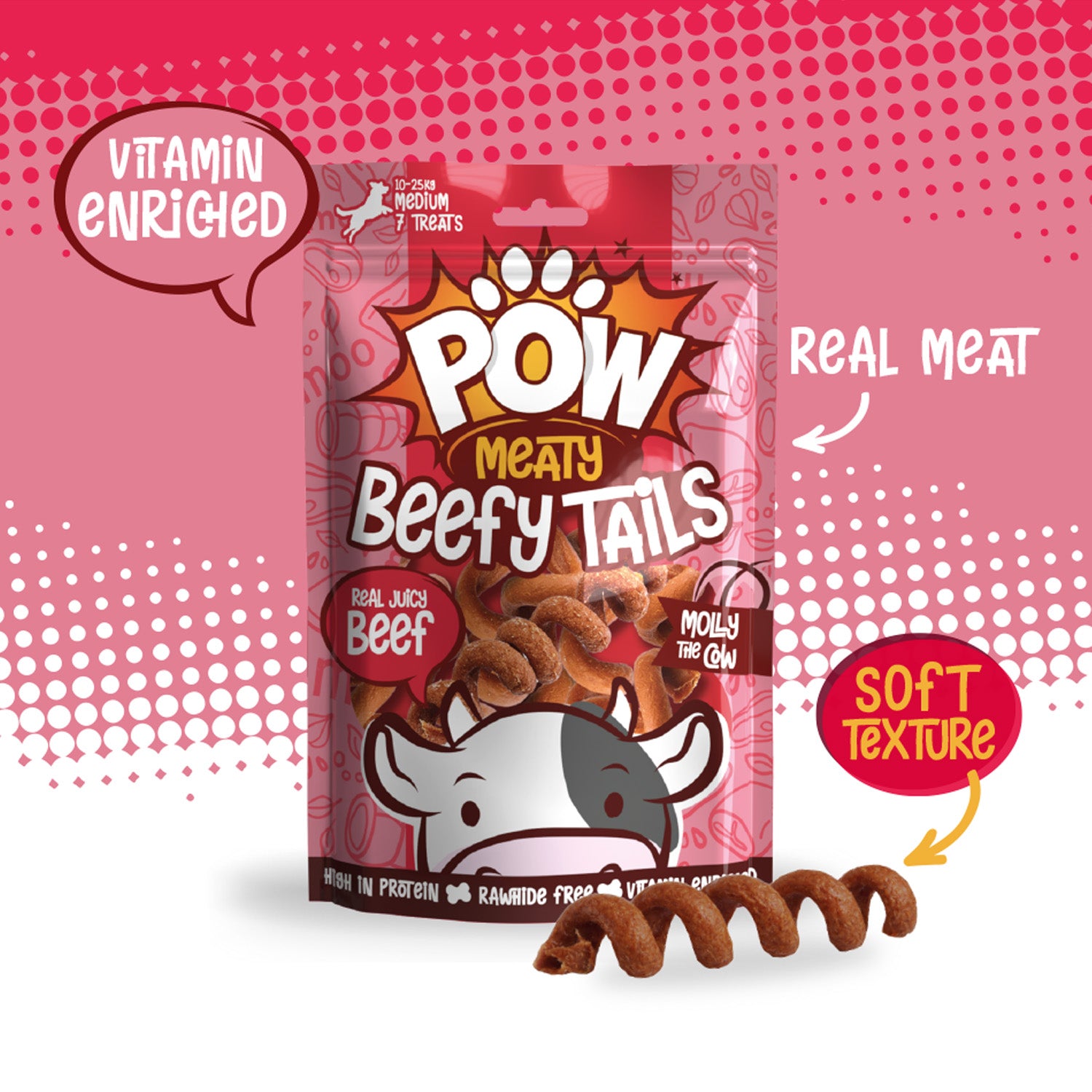 Pack of 'Pow Meaty Beefy Tails' dog treats with text highlighting Real Meat, Soft Texture & Vitamin Enriched features on a pink background
