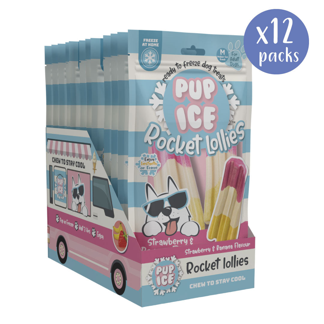 Pup Ice Strawberry & Banana Rocket Lollies - Box of 12 Packs *MEAT FREE*