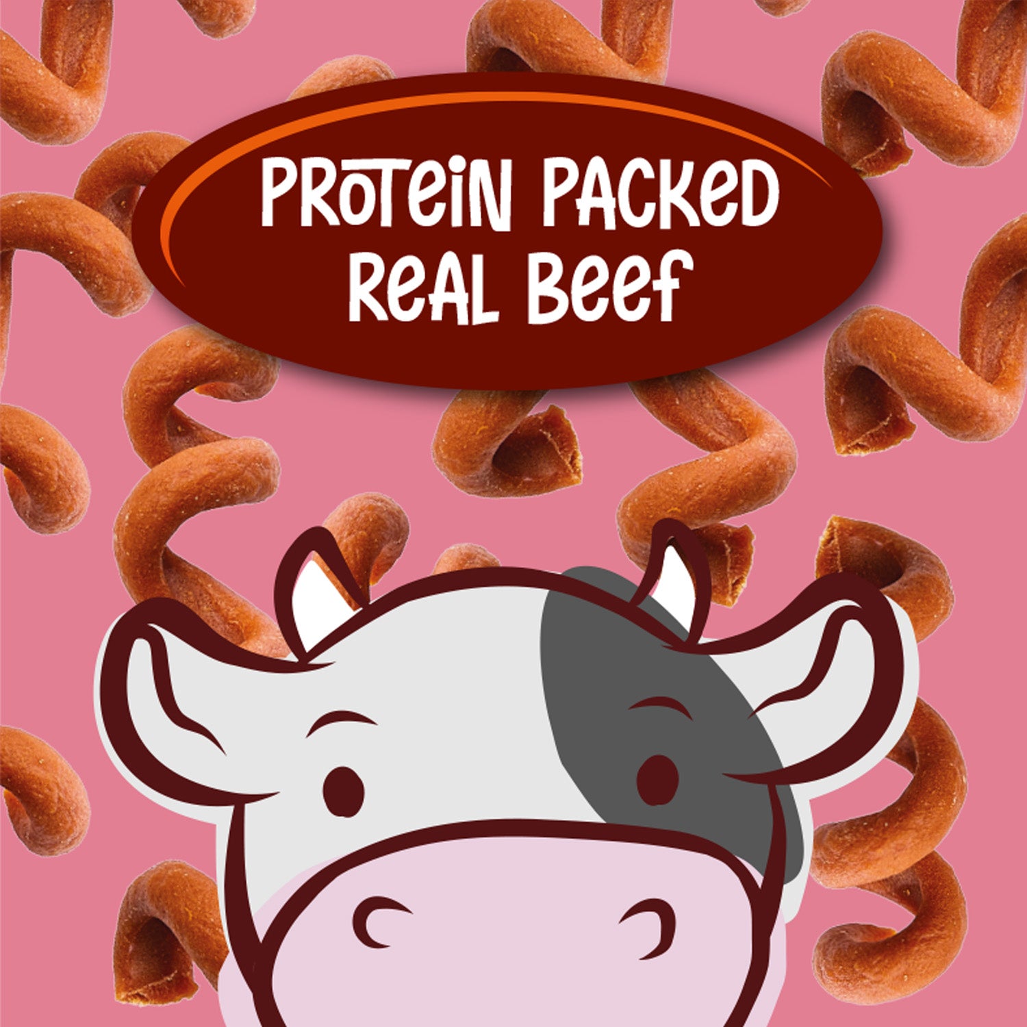 POW Beefy Tails Dog Treats falling in the background with a cow illustration and 'Protein Packed Real Beef' text on a pink background