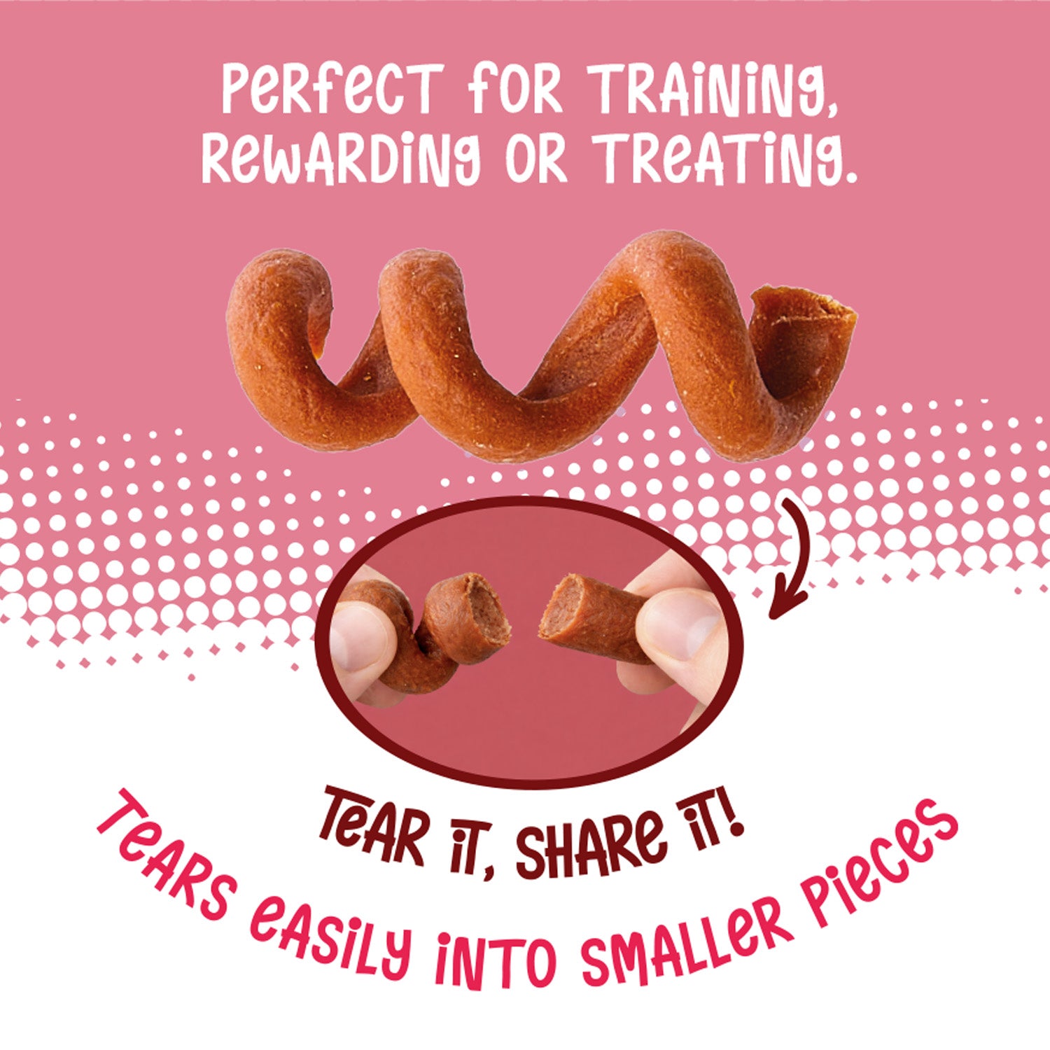 POW Beefy Tail Dog treat with second image showing it being torn with text about tearing for training treats on a pink background